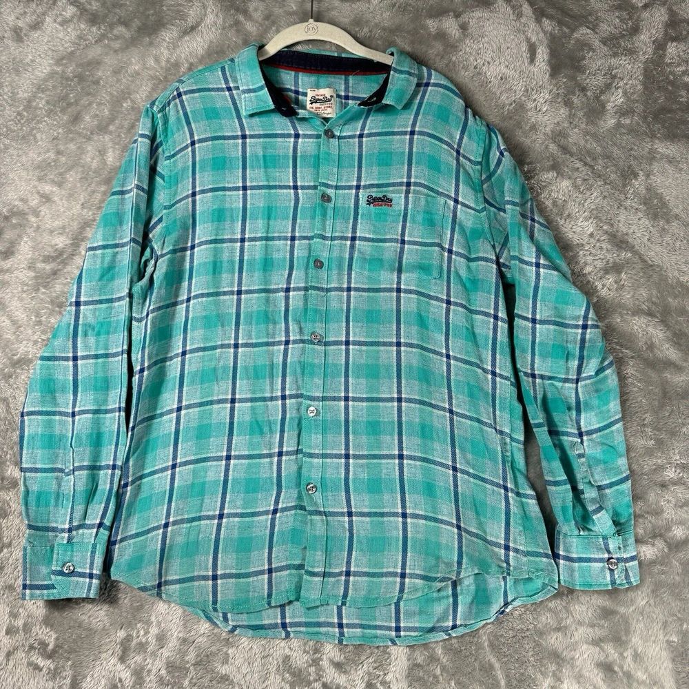 Superdry Shirt Mens XXL Turquoise Blue Plaid‎ Long Sleeve Embroidered Logo